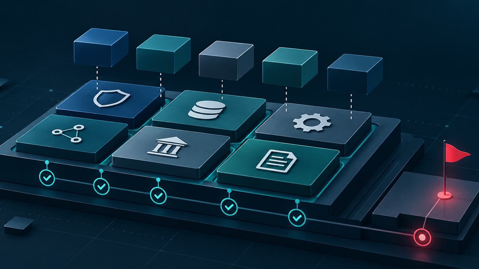 Unoccupied enterprise implementation workspace with architecture, testing, and deployment materials